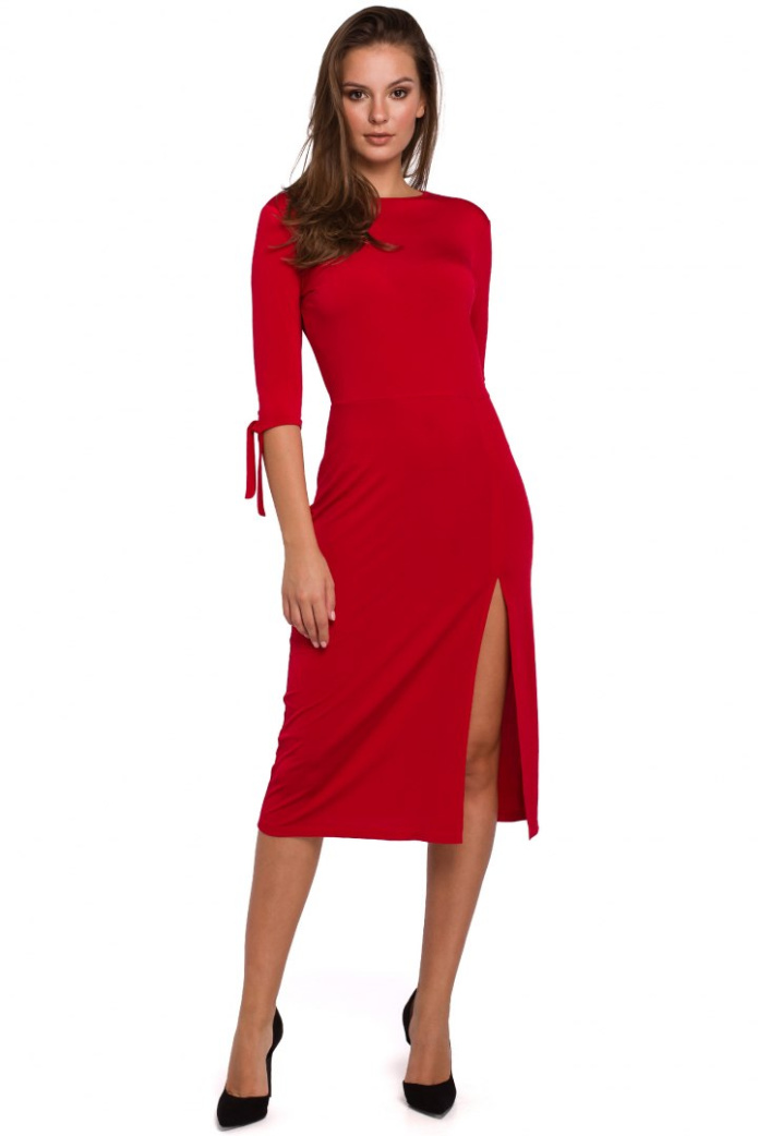 Sukienka Midi - Prosta Dopasowana Elastyczna - czerwona
